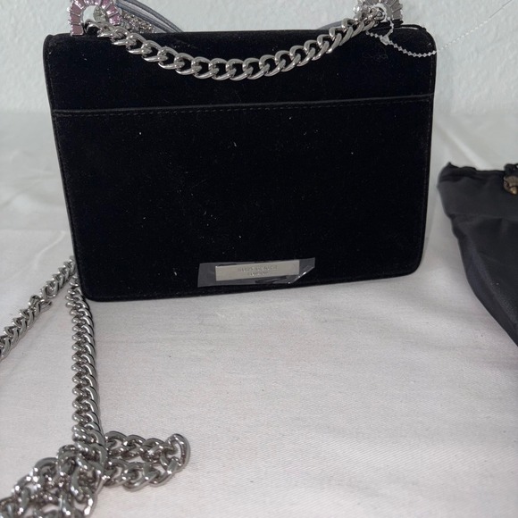 Kurt Geiger Black Velvet Crystal Bow Crossbody Bag Mini Shoulder Chain Purse new - Picture 3 of 8